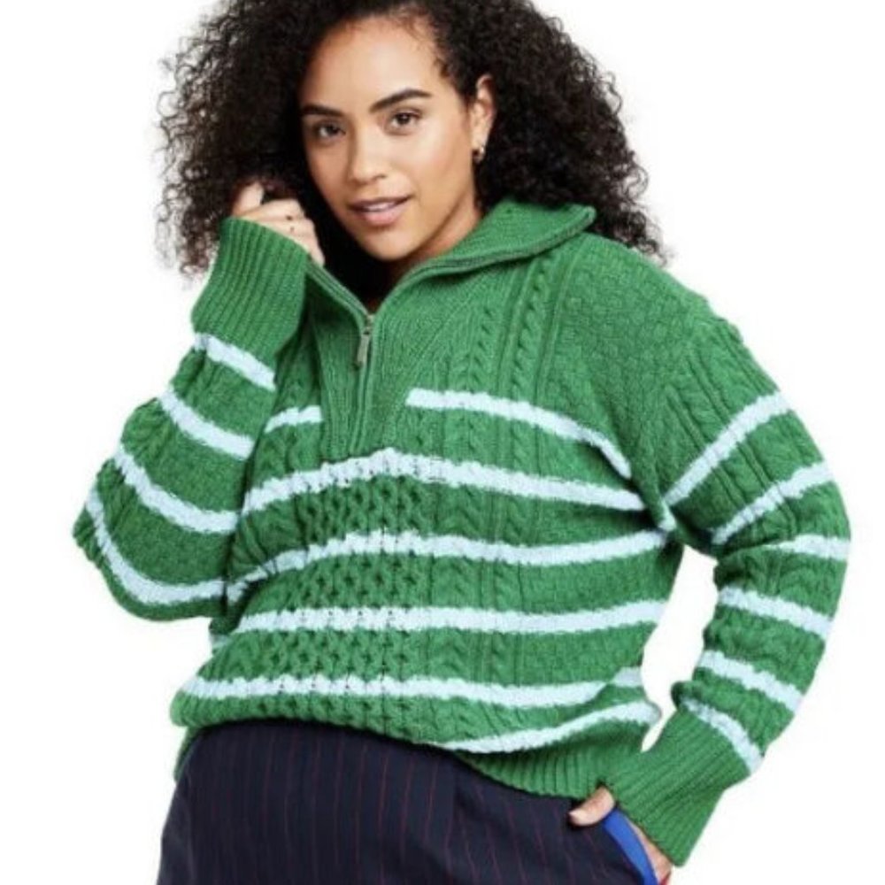 La Ligne Sweater - Women’s Quarter Zip Striped Cable Knit Green Light Blue NWT